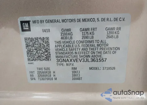 2018 Chevrolet Equinox Premier z USA, uszkodzony, nr VIN 3GNAXVEV3JL361557